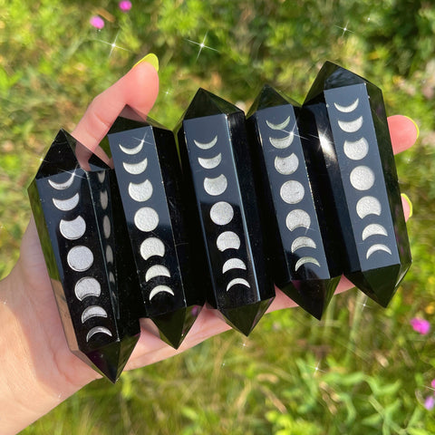obsidian crystal tower point double terminated carving moon phases