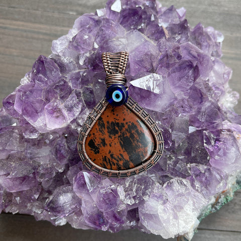 mahogany obsidian crystal jewelry wire wrapped pendant necklace evil eye