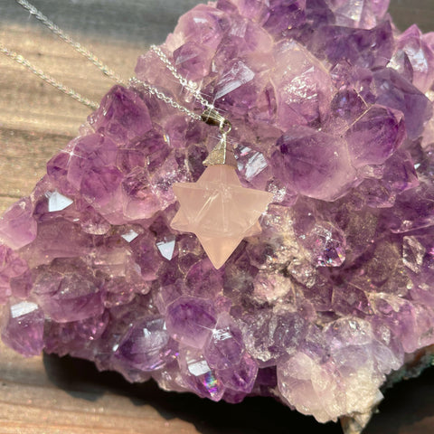rose quartz crystal jewelry merkaba pendant necklace 